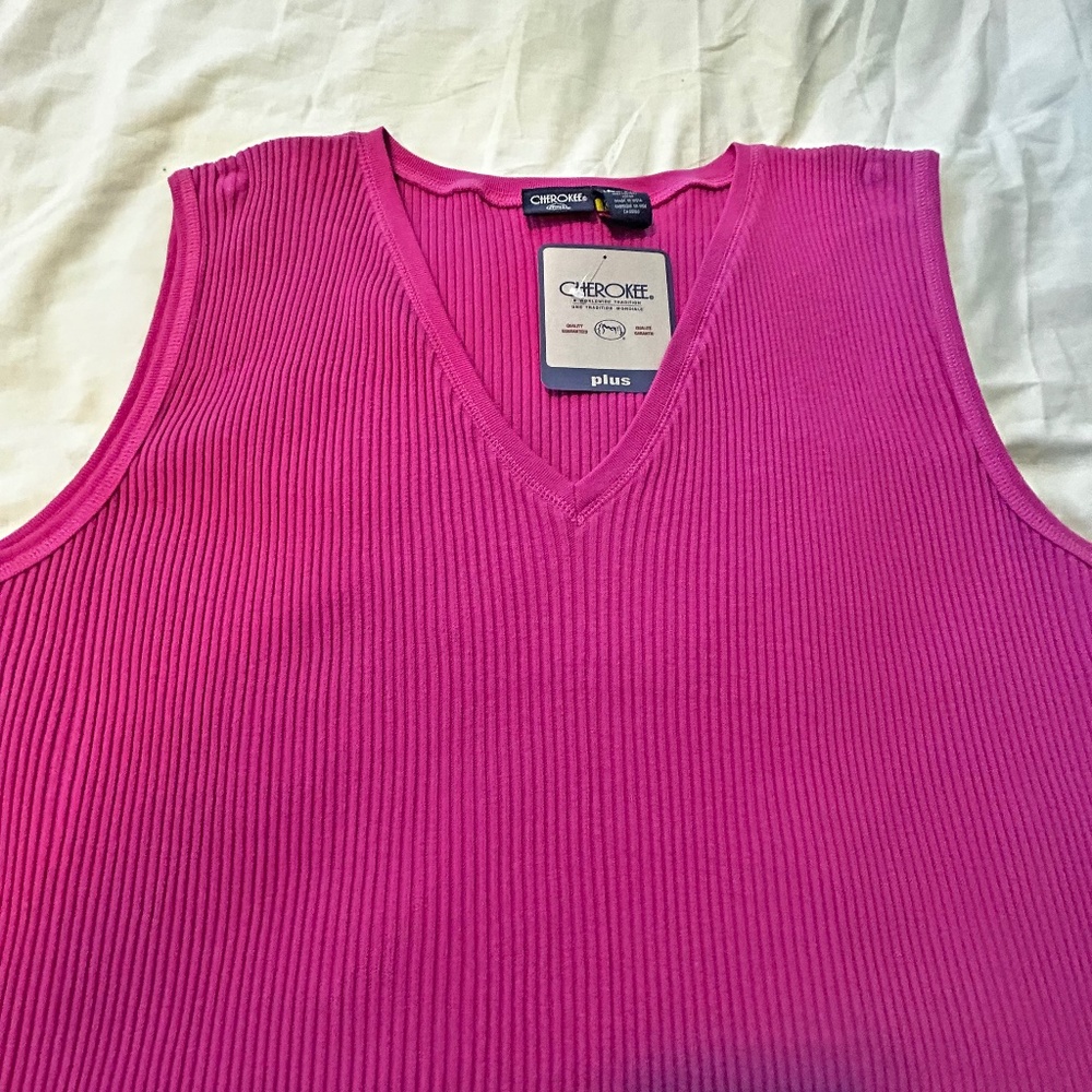 TANK TOP, RIBBED FABRIC, FUSCHIA, SIZE 4X, 100% COTTON, VEE NECK, CHEROKEE,